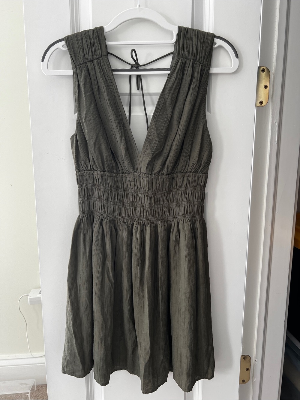 Abercrombie & Fitch Olive Green V-Neck Smocked Mini Dress